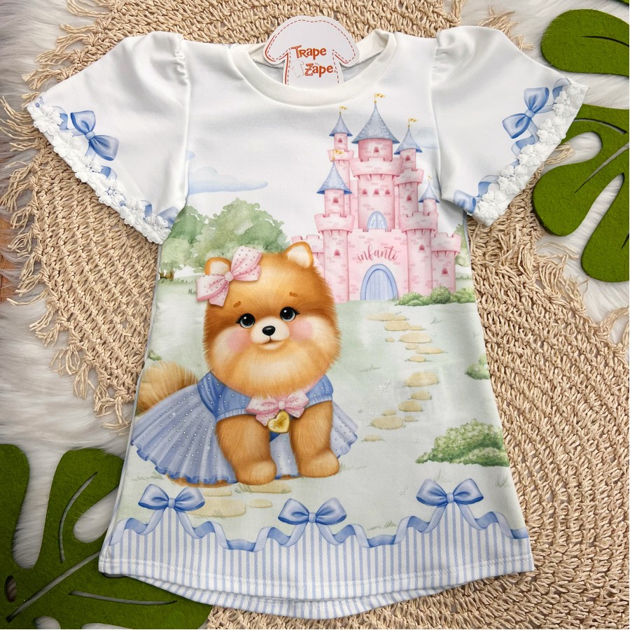 Vestido Doguinha com Castelo - Off White e Azul Bebê